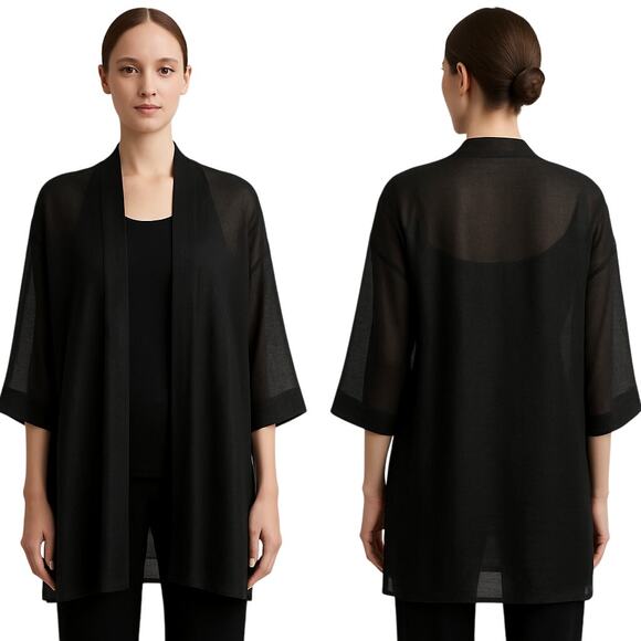 Eileen Fisher Sheer Linen Silk Open Jacket Kimono Cardigan Black L - Picture 1 of 6